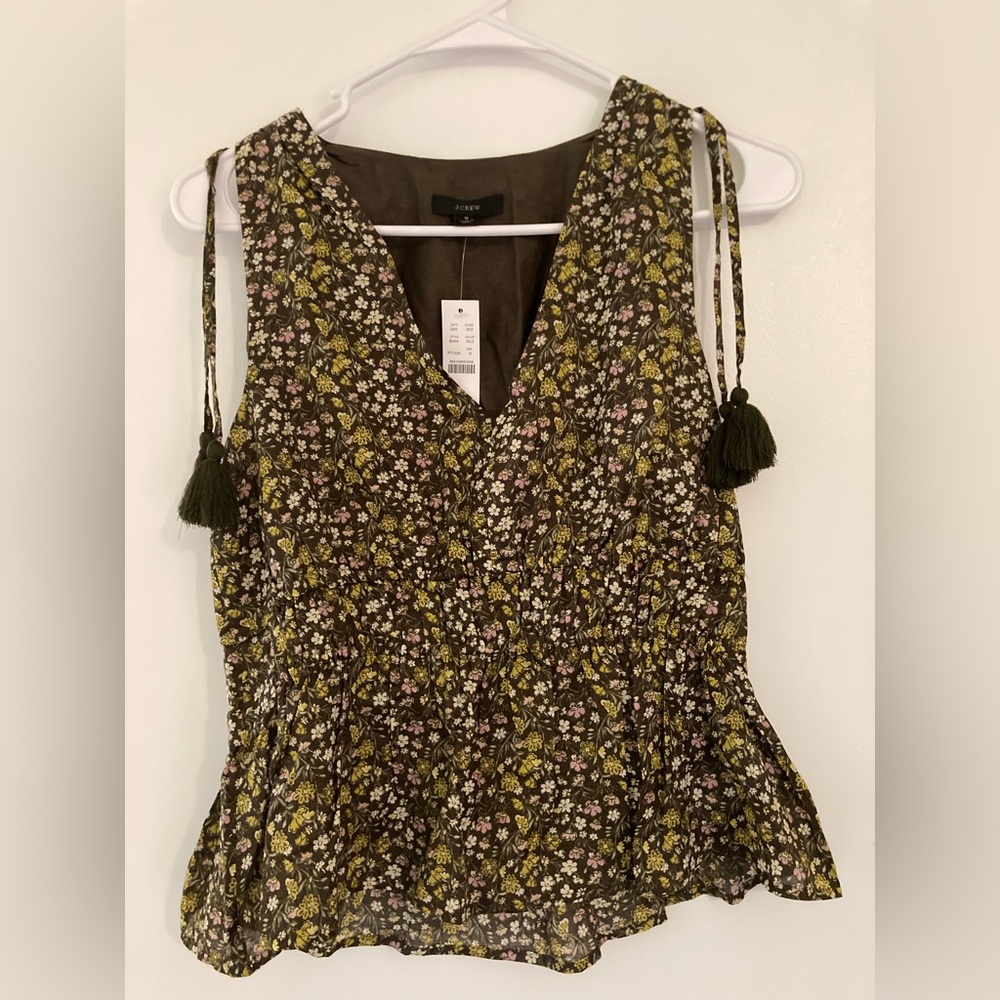 NWT Jcrew Olive Green Floral Peplum Tank with Tassels